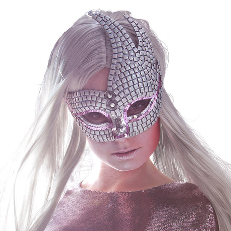 Pink Venice masquerade mask for women, adult size, made of polystyrene, polypropylene, polyester, and PET, elegant party accessory.
