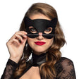 Black Pussycat mask for women, adult-sized, made from polyester, PVC, polypropylene, elastane, and PET, ideal for costume parties or masquerade events.