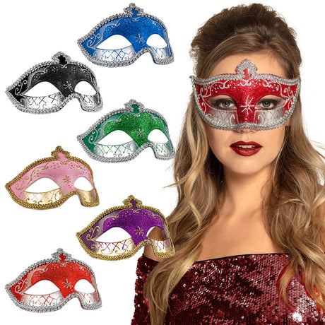Venice corona mask for women, adult size, available in six colors, made of polystyrene, polyester, and elastane, elegant masquerade accessory.