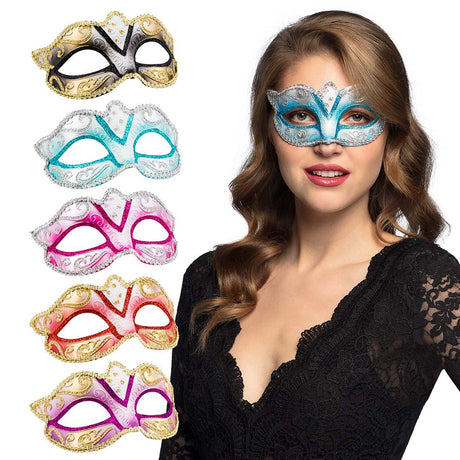 Venice feline masquerade mask for women, assorted colors, adult size, made of polystyrene, polyester, and polyethylene, elegant party accessory.