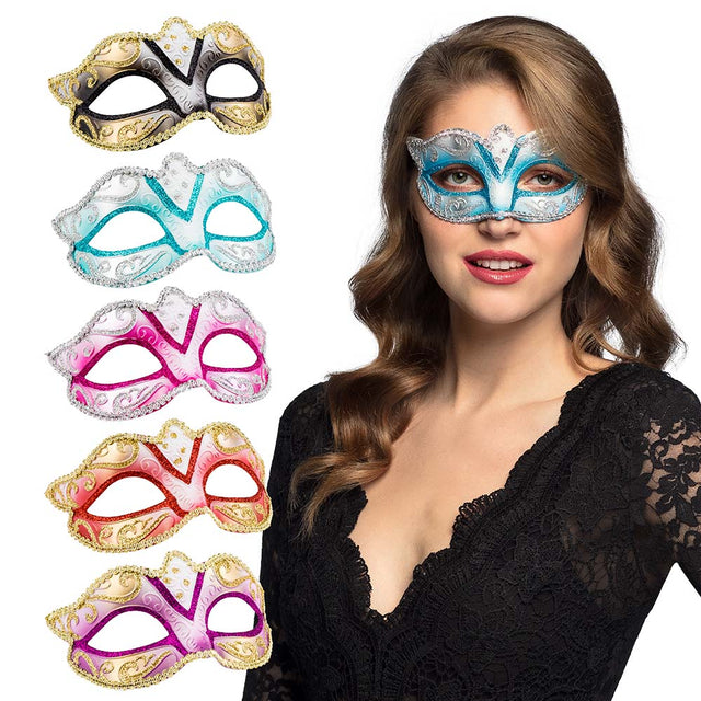 Venice feline masquerade mask for women, assorted colors, adult size, made of polystyrene, polyester, and polyethylene, elegant party accessory.