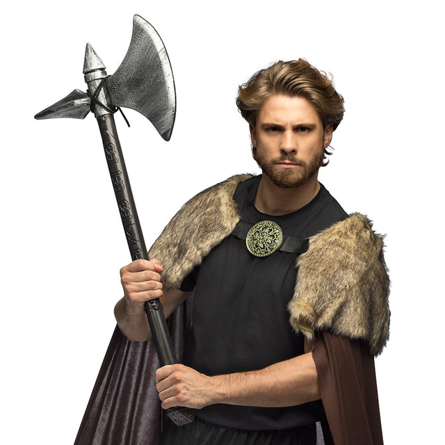 Barbarian axe 82 cm made of 100% polyethylene, Viking style costume weapon for adults, ideal for Halloween or horror events.