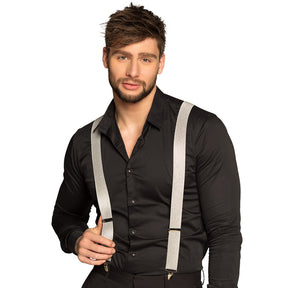Silver basic suspenders for adults with metal clips, adjustable up to 100cm, 3.5cm wide, made of polyester and elastane, suitable for men and women.