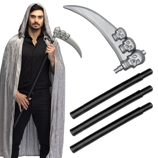 Halloween skull scythe prop in four pieces, 103 cm long, made of polyethylene, ideal for skeleton and dungeon costumes for adults and children.