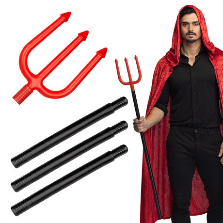 Devil trident prop in four detachable pieces, 112 cm long, made of 100% polypropylene, ideal for Halloween costumes and demon or angel themed parties for adults and children.