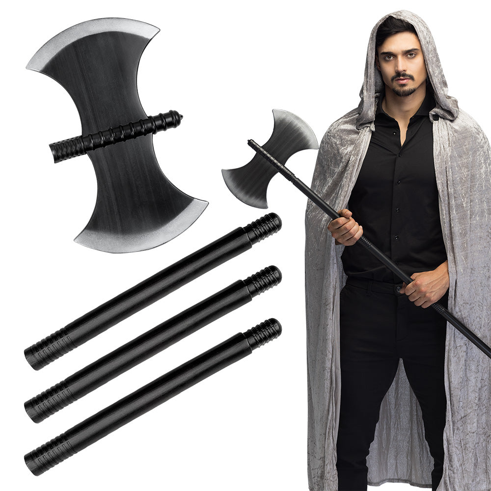 Dungeon axe prop in four parts, 106 cm long, made of polyethylene, ideal for Halloween costumes and dungeon-themed parties for adults and children.