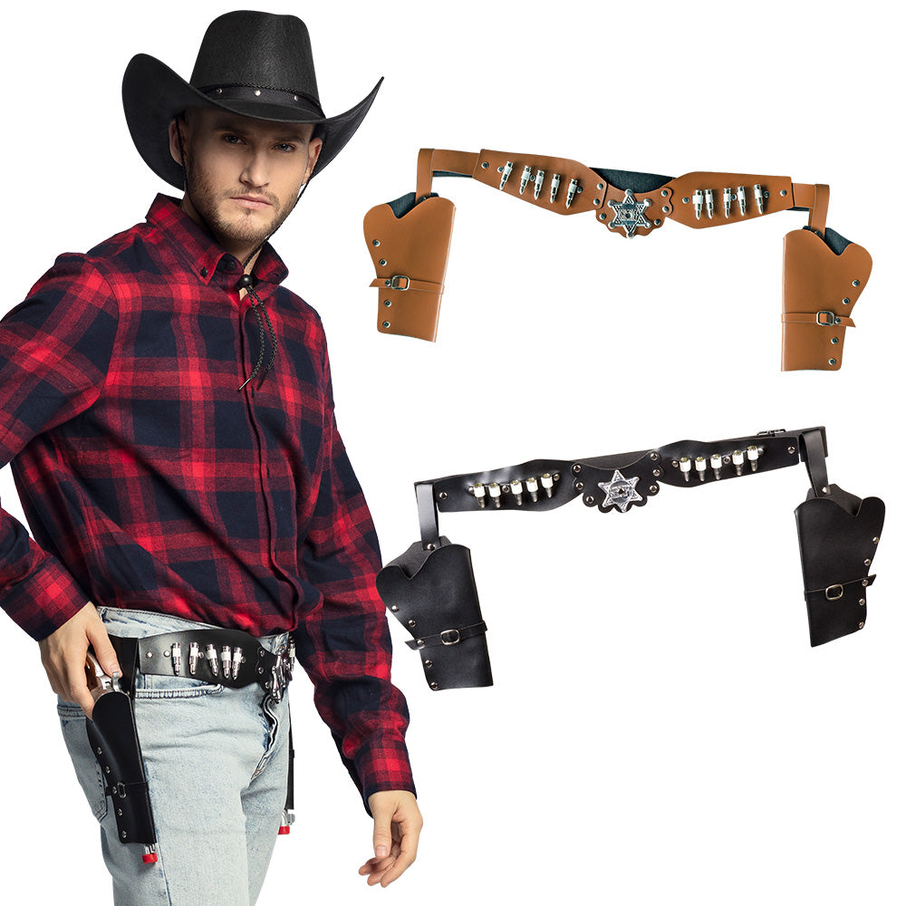 Double cowboy holster set for adults in two assorted colors, Sheriff design, 125 cm length, made of polyurethane, iron, polypropylene, and PVC, ideal for Western costumes.