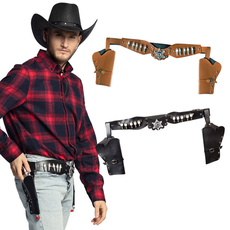 Double cowboy holster set for adults in two assorted colors, Sheriff design, 125 cm length, made of polyurethane, iron, polypropylene, and PVC, ideal for Western costumes.