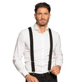Black basic suspenders for adults with metal clips, adjustable up to 100cm, made of polyester, elastane, iron, and polyurethane, suitable for men and women.