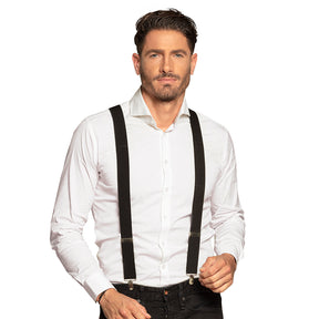 Black basic suspenders for adults with metal clips, adjustable up to 100cm, made of polyester, elastane, iron, and polyurethane, suitable for men and women.
