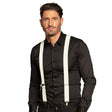 White basic suspenders for adults with metal clips, adjustable up to 100cm, 3.5cm wide, made of polyester, elastane, iron, and polyurethane, suitable for men and women.