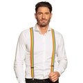 Rainbow suspenders for adults with metal clips, adjustable up to 100cm, 3.5cm wide, made of polyester, elastane, polyurethane, and iron, suitable for men and women.