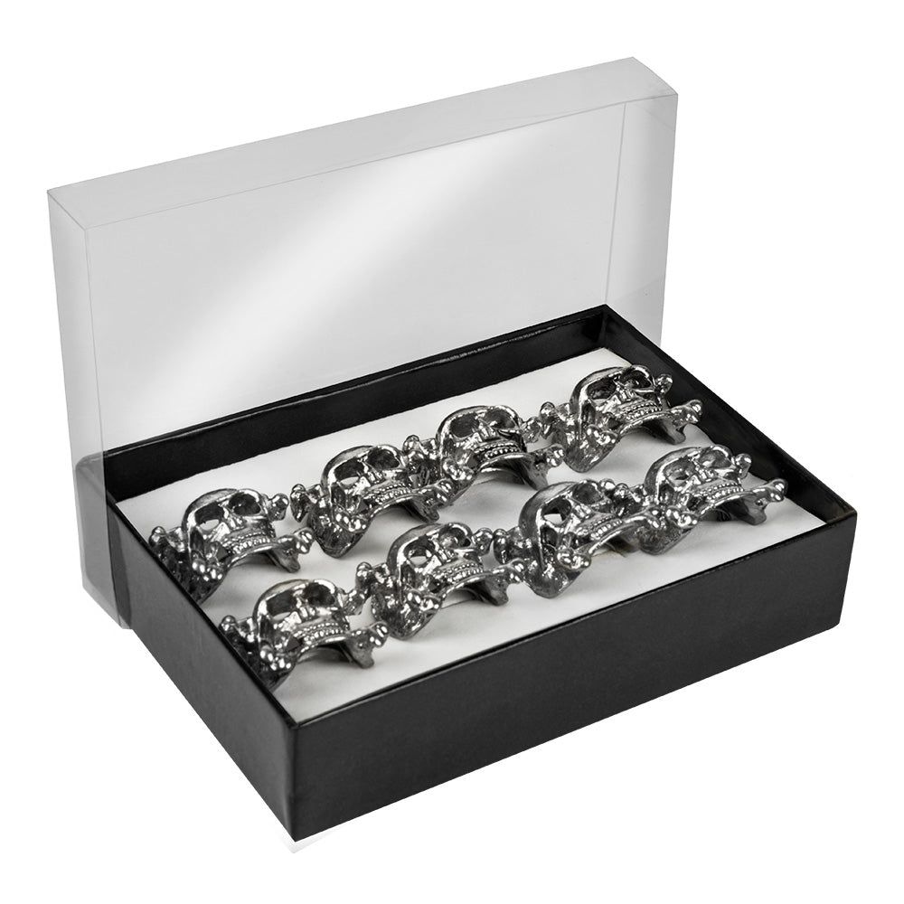 Set of 8 silver skull rings for adults made of 100% iron, perfect for pirate, skeleton, and Halloween jewelry collections, packaged in a box.