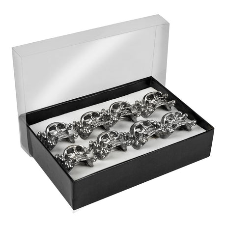 Set of 8 silver skull rings for adults made of 100% iron, perfect for pirate, skeleton, and Halloween jewelry collections, packaged in a box.