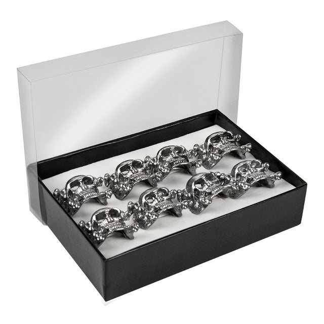 Set of 8 silver skull rings for adults made of 100% iron, perfect for pirate, skeleton, and Halloween jewelry collections, packaged in a box.