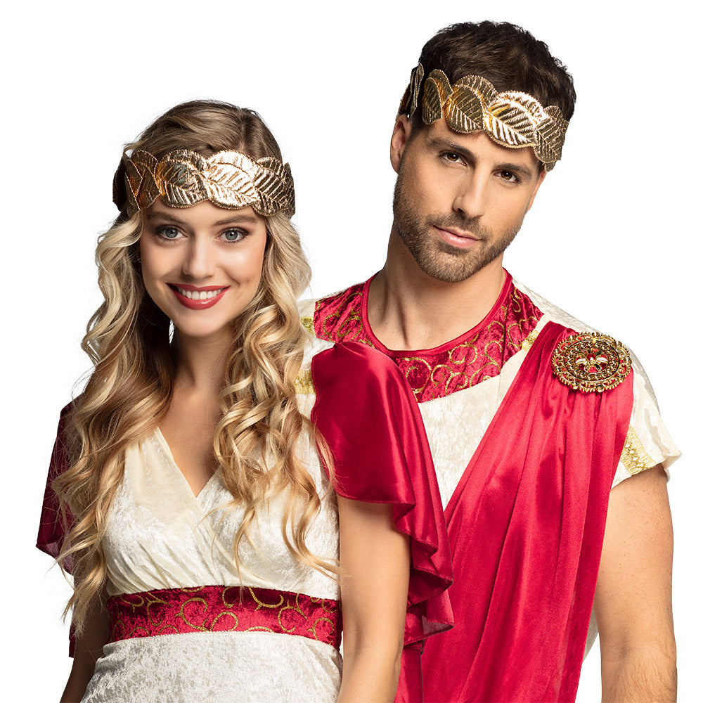 Gold laurel headband for adults made of 100% polyester with elastic, ideal for Roman and Greek costumes.