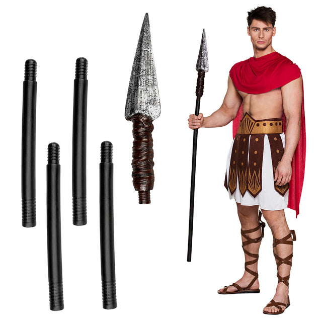 Spartan spear replica made of 100% polyethylene, 150 cm long, five-piece design, ideal for adults interested in Roman and Greek weaponry.