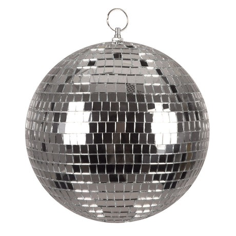Silver disco ball medium size 20 cm diameter, 80s party decoration, made of polystyrene and silica glass, packaged in a box.