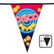 Disco fever polyethylene pennant banner with 15 colorful flags, each 30 x 20 cm, 6 meters long, perfect for 80s party decorations and retro disco themed events.