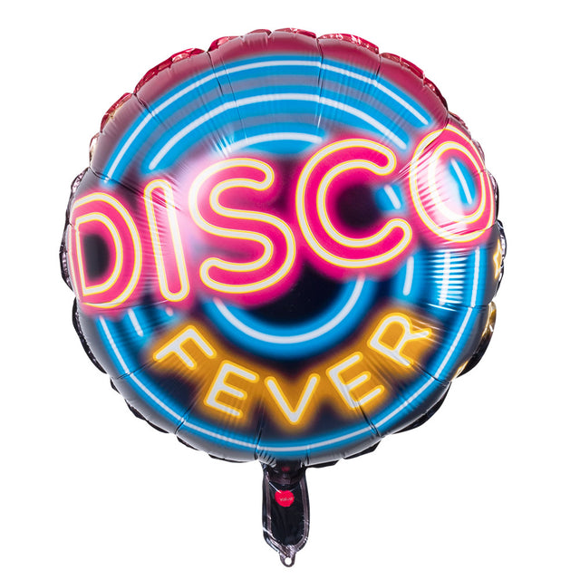 Round double-sided disco fever aluminum balloon, 45 cm diameter, 80s party decoration, metallic finish, made of polyamide, polyethylene, and aluminum.
