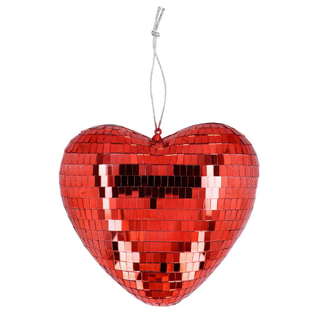 Red heart-shaped disco ball 19 cm, 80s retro party decoration, love-themed, made of polystyrene and silicon dioxide, boxed packaging.