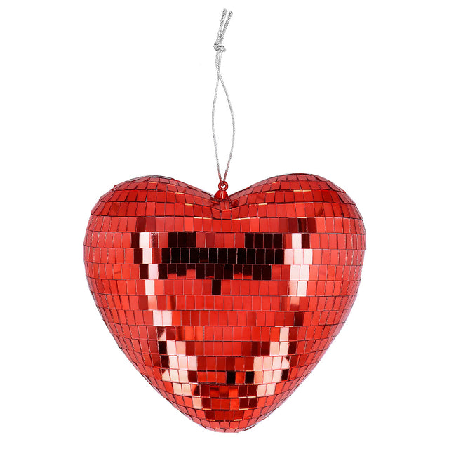 Red heart-shaped disco ball 19 cm, 80s retro party decoration, love-themed, made of polystyrene and silicon dioxide, boxed packaging.