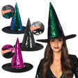 Witch hat with reversible sequins in three color combinations for adults, perfect for Halloween costumes, made of PET and polyester.