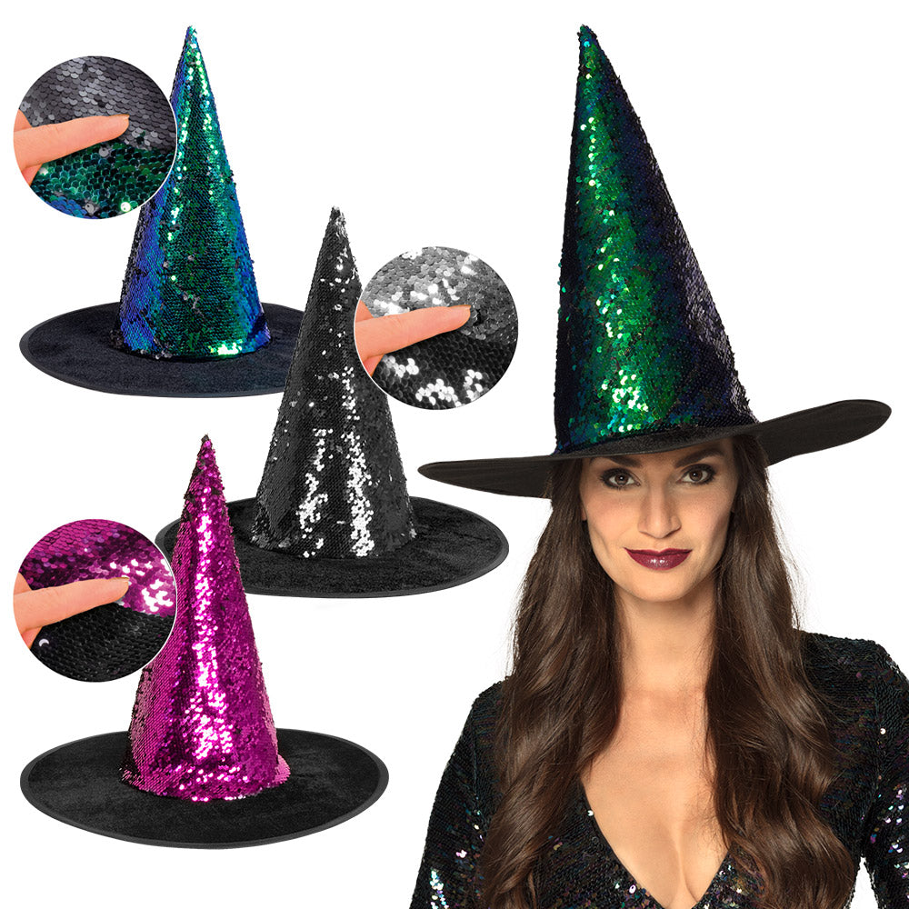 Witch hat with reversible sequins in three color combinations for adults, perfect for Halloween costumes, made of PET and polyester.