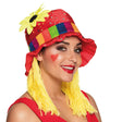 Colorful women's circus hat with attached hair, made of 100% polyester, designed for adults.