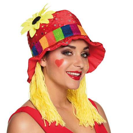 Colorful women's circus hat with attached hair, made of 100% polyester, designed for adults.