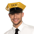 Yellow taxi cap for adults made of polyurethane and polystyrene, unisex design, ideal for costumes or themed events.