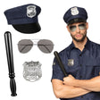 Police costume accessory set with hat, party sunglasses, badge, and 33 cm baton for adults, ideal for police or SWAT role play.