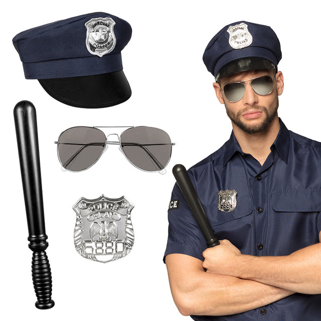 Police costume accessory set with hat, party sunglasses, badge, and 33 cm baton for adults, ideal for police or SWAT role play.
