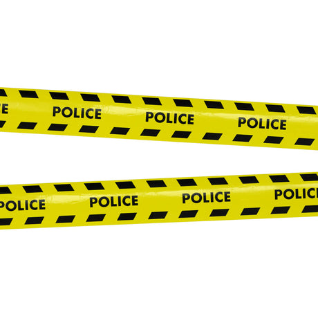 Police barrier tape made of 100% polyethylene, measuring 15 meters long and 7.5 centimeters wide, ideal for crime scene or restricted area marking.