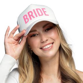 White "Bride" baseball cap for women, perfect bridal shower accessory, made of polyester and polystyrene, adult size with hangtag packaging.