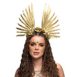 Gold halo crown headpiece for women, featuring polyester, polystyrene, and chicken feathers, ideal for festivals and adult costume events.