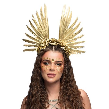 Gold halo crown headpiece for women, featuring polyester, polystyrene, and chicken feathers, ideal for festivals and adult costume events.