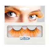 Pair of XL orange false eyelashes for women, made of 100% polyester, packaged in a box, ideal for adults seeking bold eye makeup accessories.