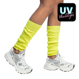 Pair of neon yellow leg warmers for women, 100% polyester, ideal for 80s disco or 90s old school costumes, displayed on hanging card packaging.