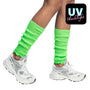 Pair of neon green leg warmers for women, 100% polyester, 80s disco style, adult size, displayed on hanging card.
