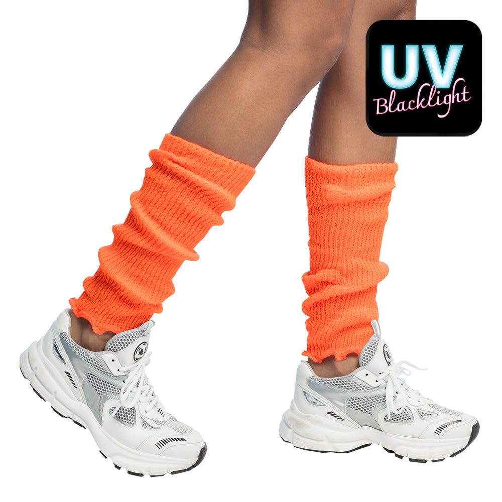 Pair of neon orange UV leg warmers for women, 100% polyester, retro 90s old school style, adult size, displayed on hanging card packaging.