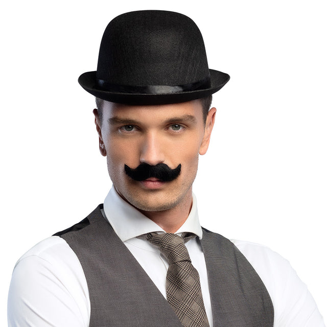 Fake moustache for men made of 100% polyester, adult size, presented on a display card, ideal for costume parties or theatrical use.