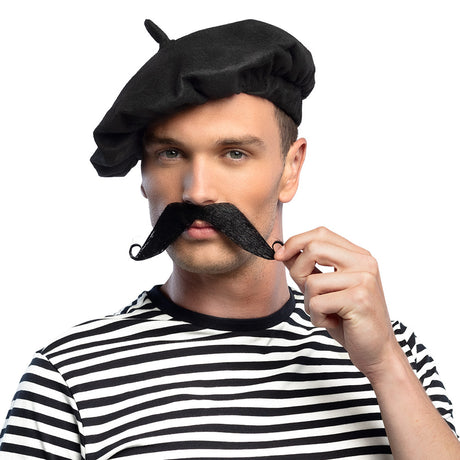 French style fake mustache for men made of 100% polyester, adult costume accessory displayed on insert card packaging.