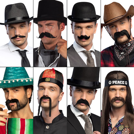 Set of eight character mustaches for men, made of 100% polyester, ideal costume accessory for adults, displayed on insert card packaging.