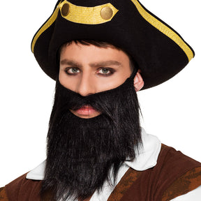 Black pirate beard costume accessory for adults with elastic band, made of 100% polyester, ideal for pirate-themed parties or cosplay.