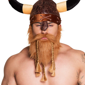 Viking beard costume accessory for men made of 100% polyester with elastic band, ideal for adult dress-up and themed parties.