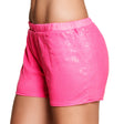Women's neon pink sequin culotte in medium size, made of polyester and PVC, displayed on hanger, stylish and eye-catching party shorts for adults.