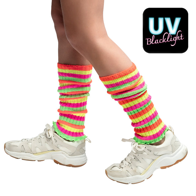 Pair of neon rainbow UV leg warmers for women, 80s disco and 90s old school style, made of 100% polyester, adult size.