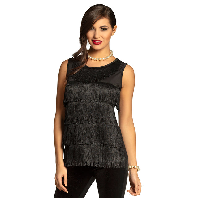 Black 1920s flapper style women's top in size medium, made of 100% polyester, displayed on a hanger.