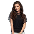 Black mesh top for women in medium/large size, 90s old school style, made of 100% polyester, displayed on hanger.